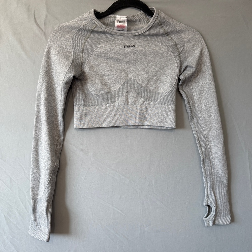 Gymshark Womens Flex Sport Long Sleeve Crop Top Size S Grey Spellout Yoga Gym